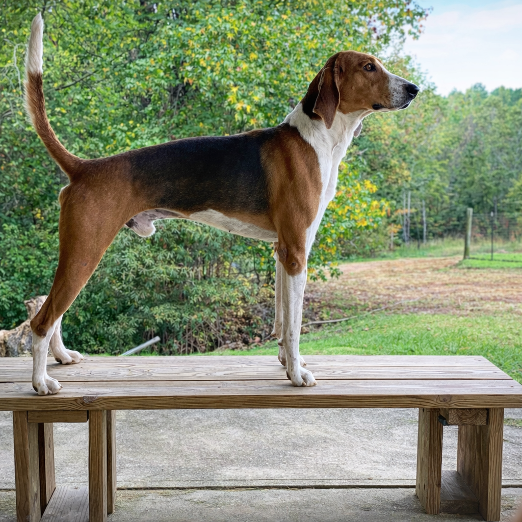 Foxhound on a wooden bench