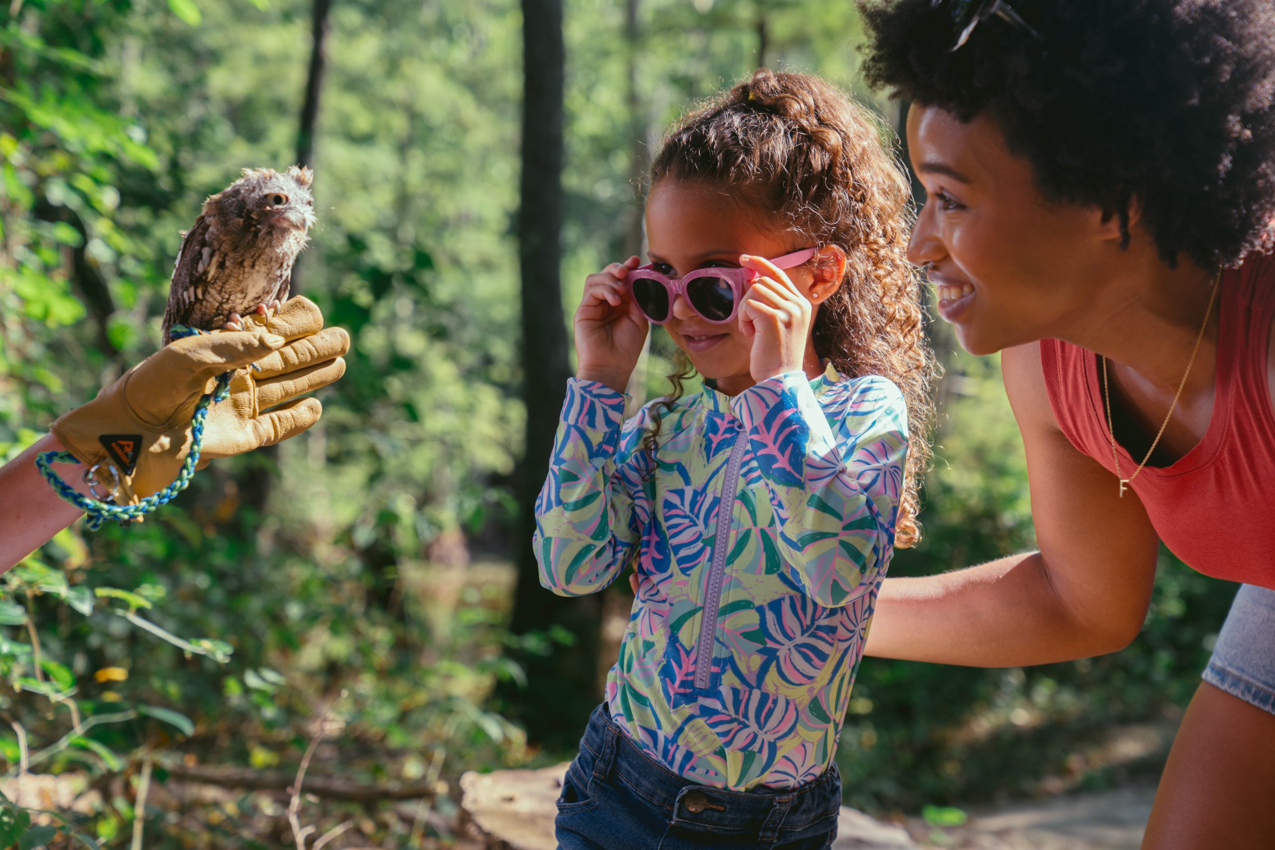 Little girl pulls down her pink sunglasses to look closer at a tiny owl sitting on it's handlers glove while the mom watches with a smile