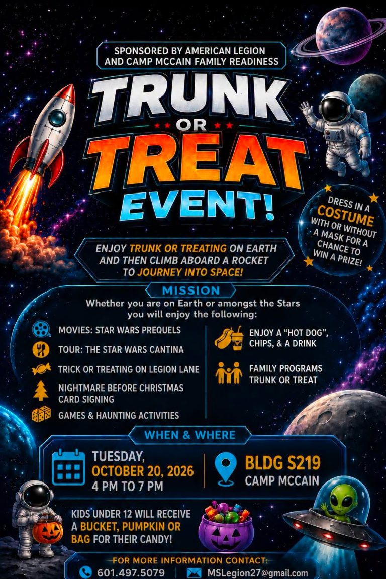Camp McCain Trunk or Treat 2026 flyer featuring rockets, astronauts, planets, and Halloween activities in Grenada, Mississippi.