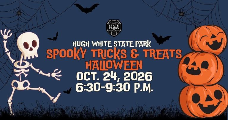 Hugh White State Park Spooky Tricks & Treats Halloween event flyer for October 24, 2026, featuring pumpkins, a skeleton, bats, and spiderwebs.