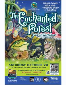 The Enchanted Forest 2026 event poster featuring whimsical woodland creatures and event details for Lee Tartt Nature Preserve in Grenada, Mississippi.