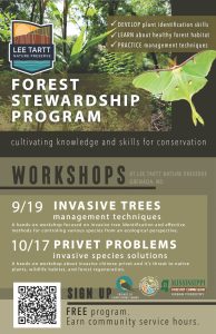 Lee Tartt Nature Preserve Forest Stewardship Program flyer featuring a luna moth and information about invasive species workshops in Grenada, Mississippi.