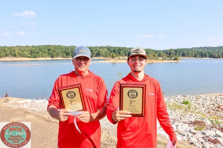 Two Magnolia Crappie Club anglers holding third-place tournament plaques in front of Grenada Lake, Mississippi.