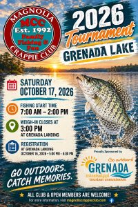 Flyer for the Magnolia Crappie Club 2026 Tournament at Grenada Lake on October 17, featuring a crappie fish and tournament details.