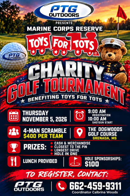 PTG Outdoors Toys for Tots Charity Golf Tournament flyer for November 5, 2026, at The Dogwoods Golf Course in Grenada, Mississippi.